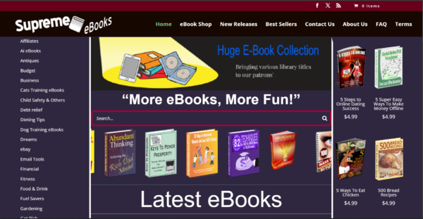 Supreme eBooks Store WordPress website "OVER 300 EBOOKS"